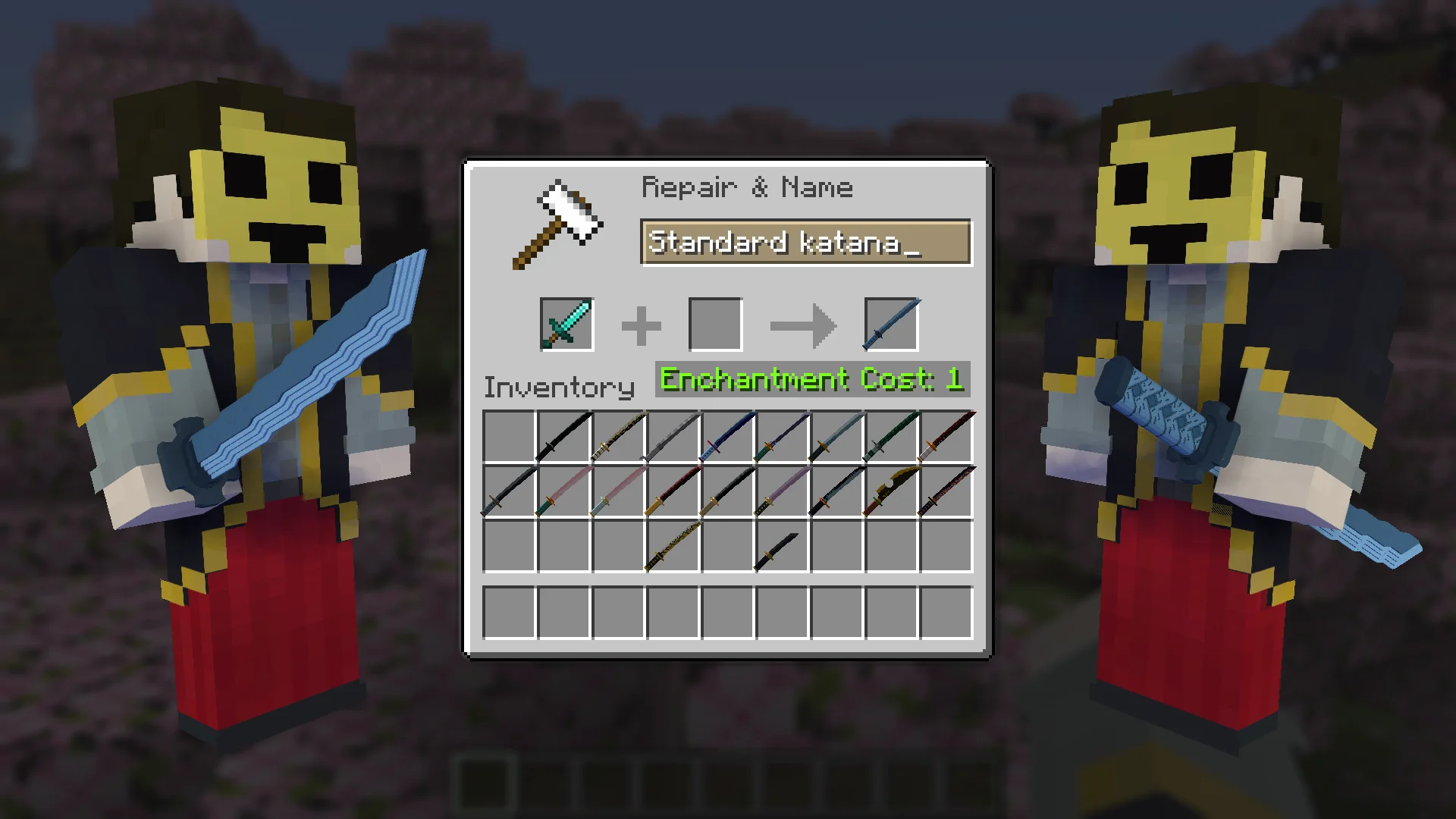 Standard Katana from Demon Slayer for Minecraft view in Hands and Craft Instruction