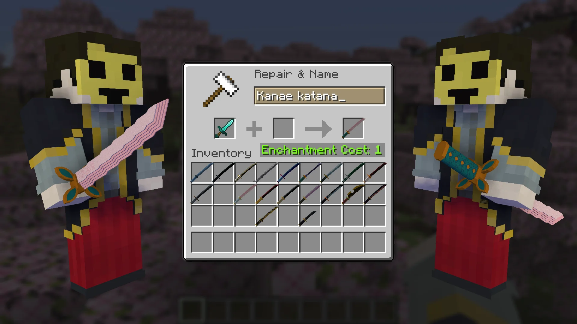 Kanae Katana from Demon Slayer for Minecraft view in Hands and Craft Instruction