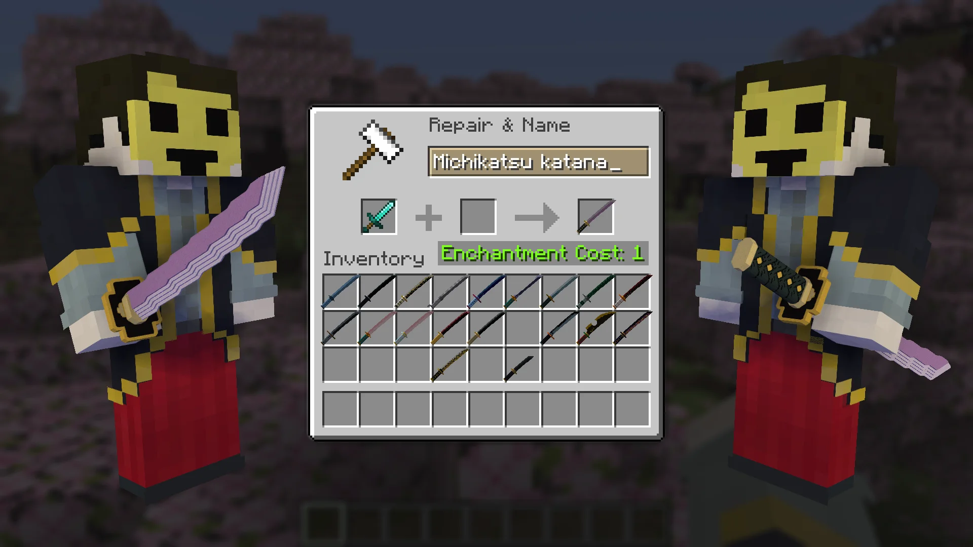 Michikatsu Katana from Demon Slayer for Minecraft view in Hands and Craft Instruction