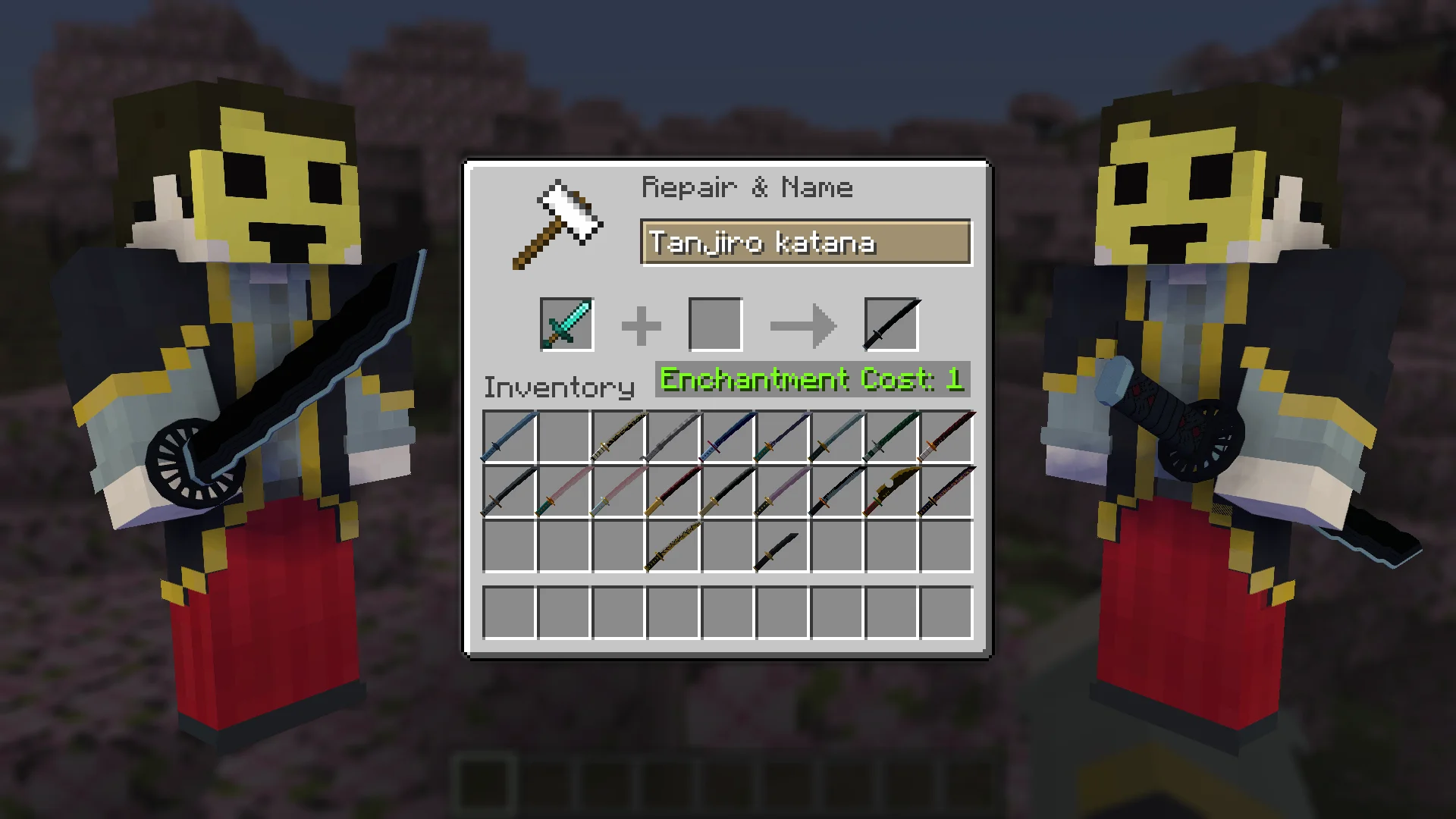 Tanjiro Katana from Demon Slayer for Minecraft view in Hands and Craft Instruction