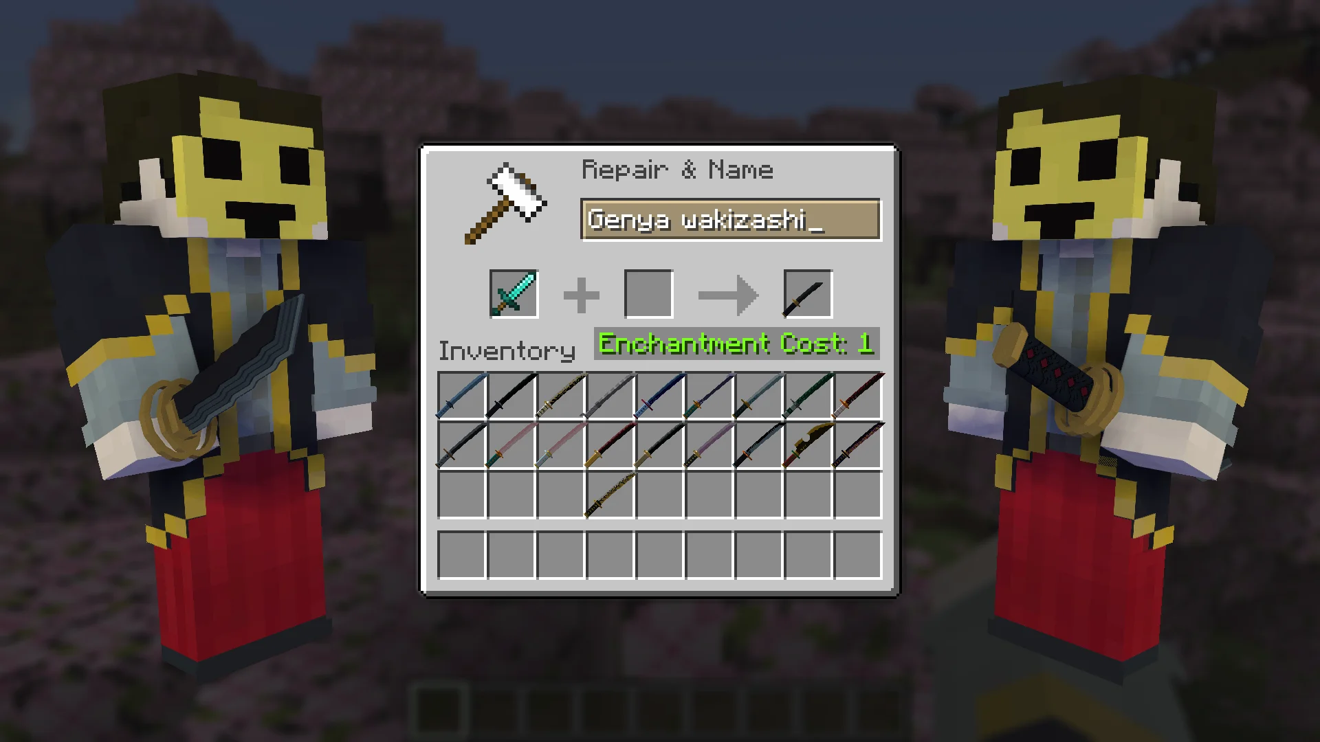 Genya wakizashi from Demon Slayer for Minecraft view in Hands and Craft Instruction