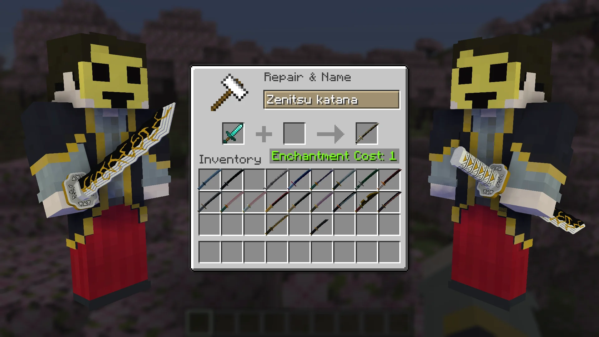 Zenitsu Katana from Demon Slayer for Minecraft view in Hands and Craft Instruction