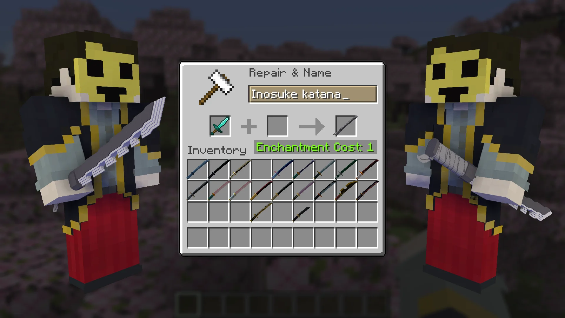 Inosuke Katana from Demon Slayer for Minecraft view in Hands and Craft Instruction