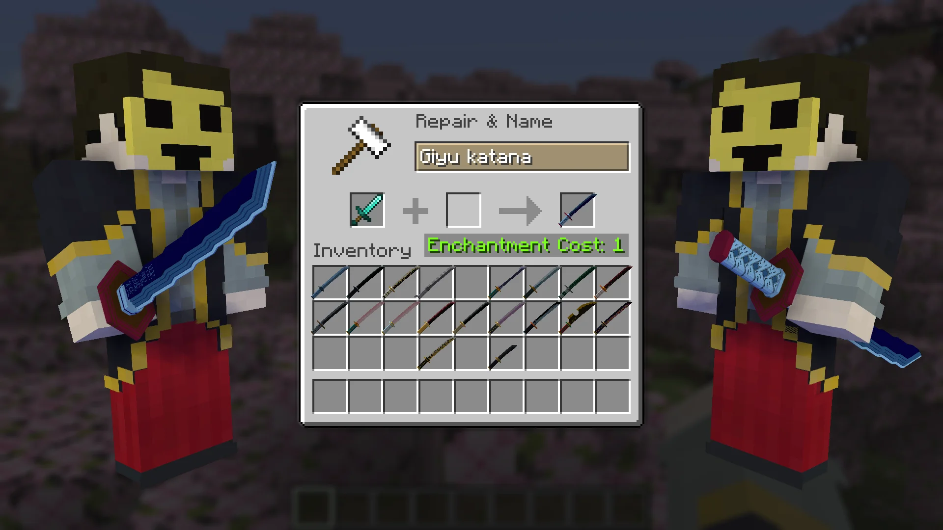 Giyu Katana from Demon Slayer for Minecraft view in Hands and Craft Instruction