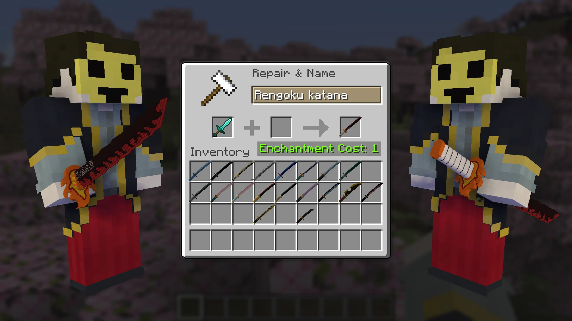 Rengoku Katana from Demon Slayer for Minecraft view in Hands and Craft Instruction