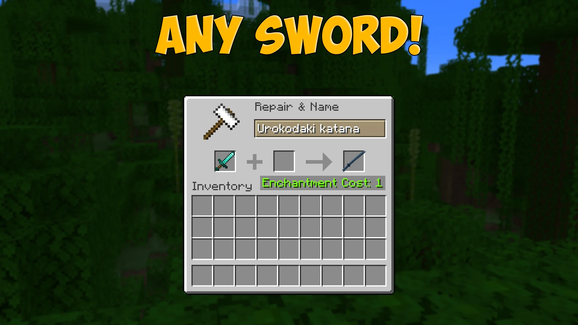 Rename a sword on an anvil to get the Urokodaki katana from Demon Slayer in Minecraft - resource pack preview