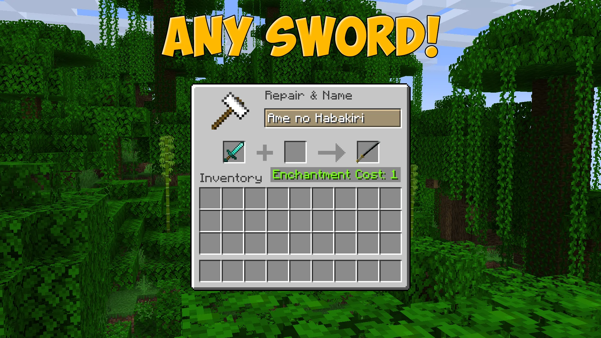 Rename a sword on an anvil to get the Ame no Habakiri katana from One Piece in Minecraft - resource pack preview