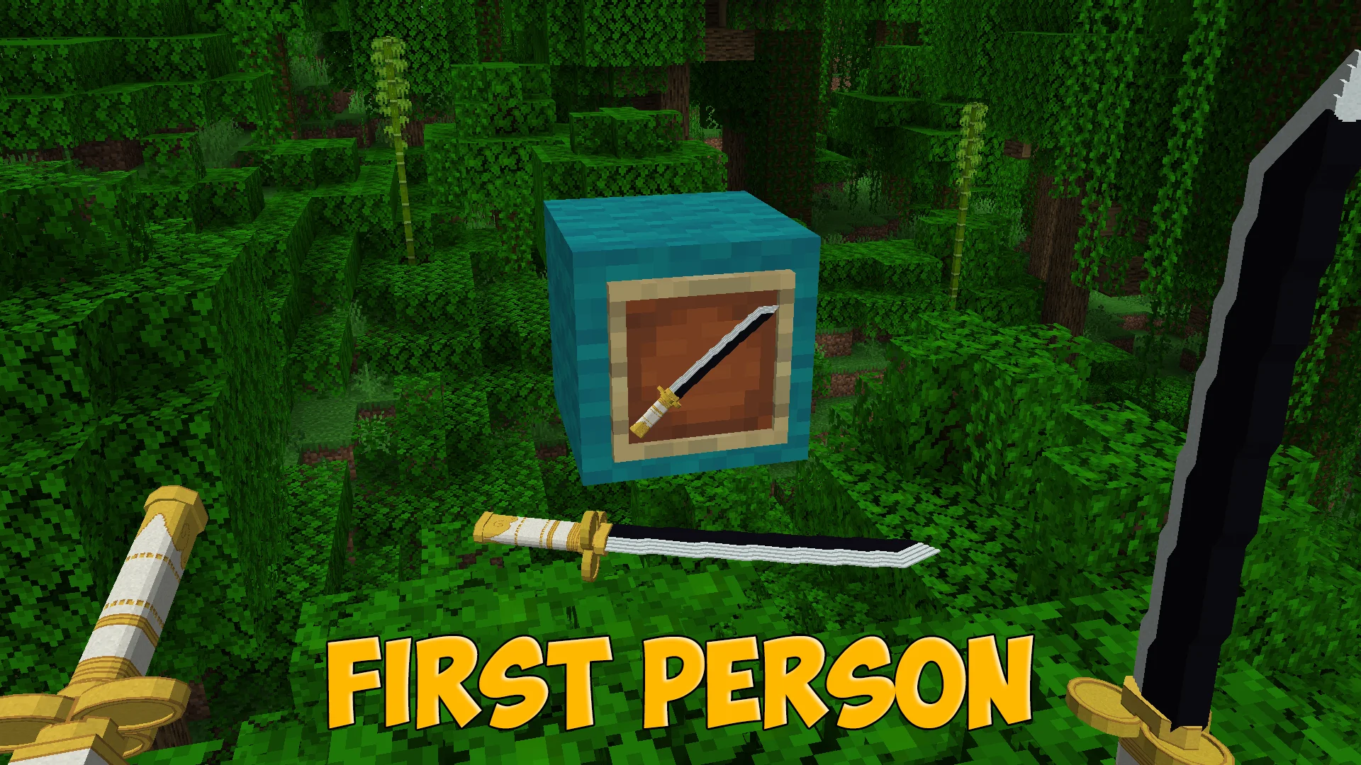 Ame no Habakiri katana from One Piece in the off-hand, third-person view in Minecraft - resource pack preview