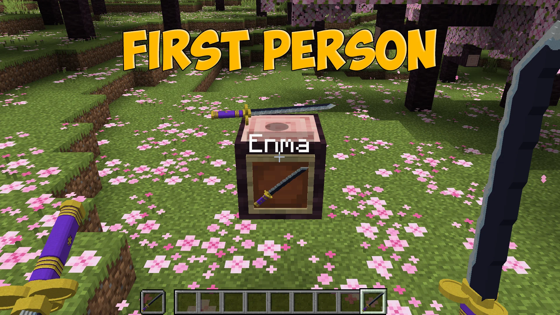 Enma katana from One Piece in Minecraft: first-person view, framed, and on the ground - resource pack preview