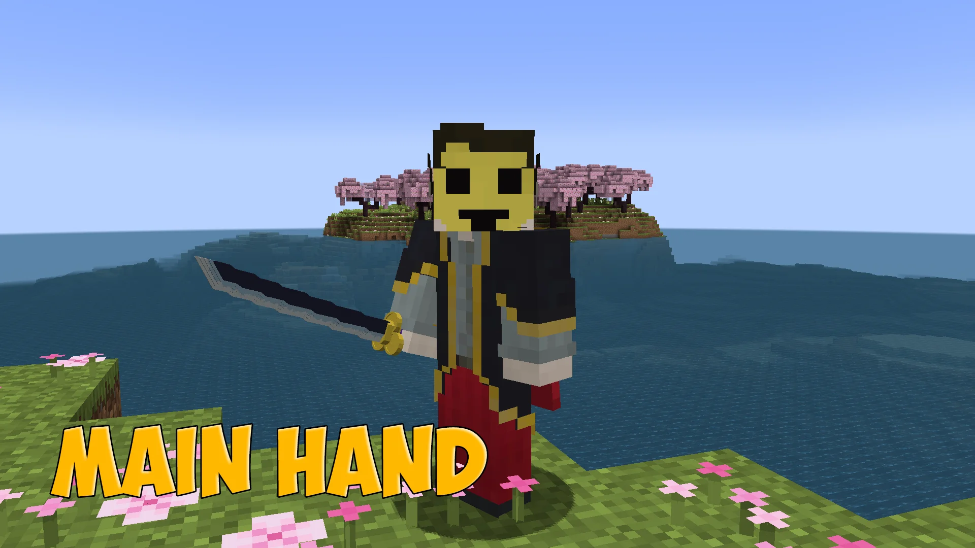 Enma katana from One Piece in the main hand, third-person view in Minecraft - resource pack preview