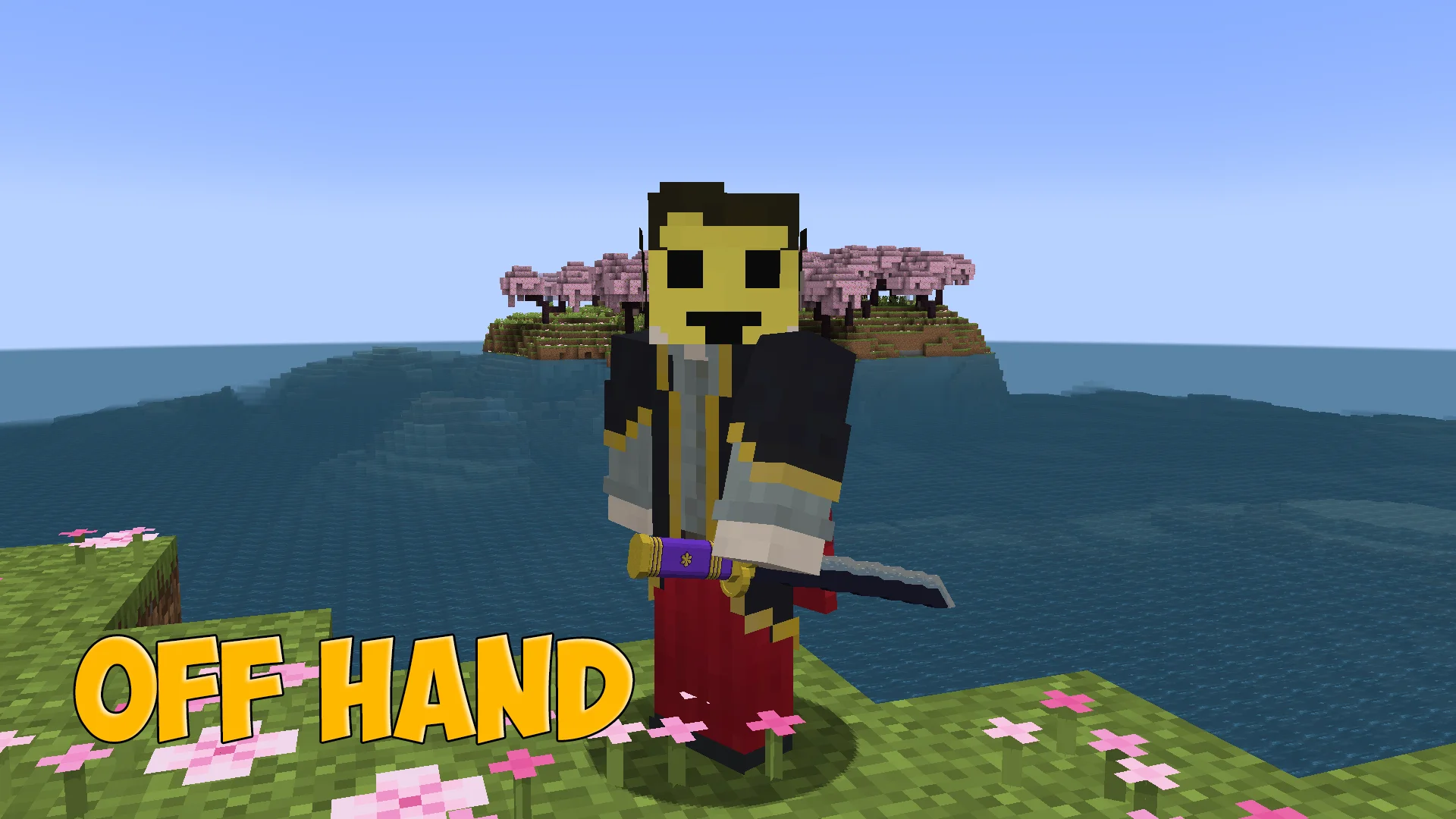 Enma katana from One Piece in the off-hand, third-person view in Minecraft - resource pack preview