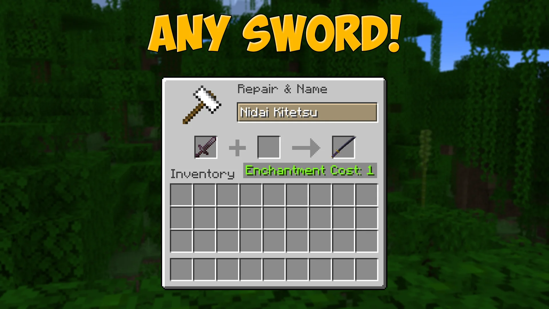 Rename a sword on an anvil to get the Nidai Kitetsu katana from One Piece in Minecraft - resource pack preview