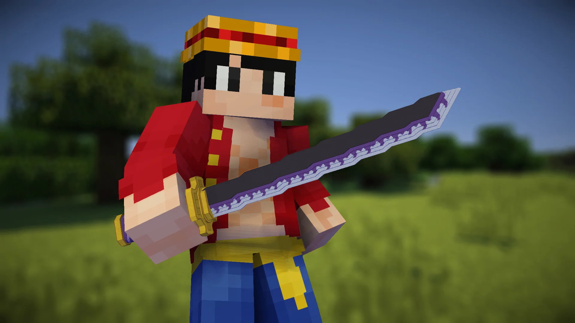 Luffi from One Piece holding the Nidai Kitetsu katana in Minecraft - resource pack preview